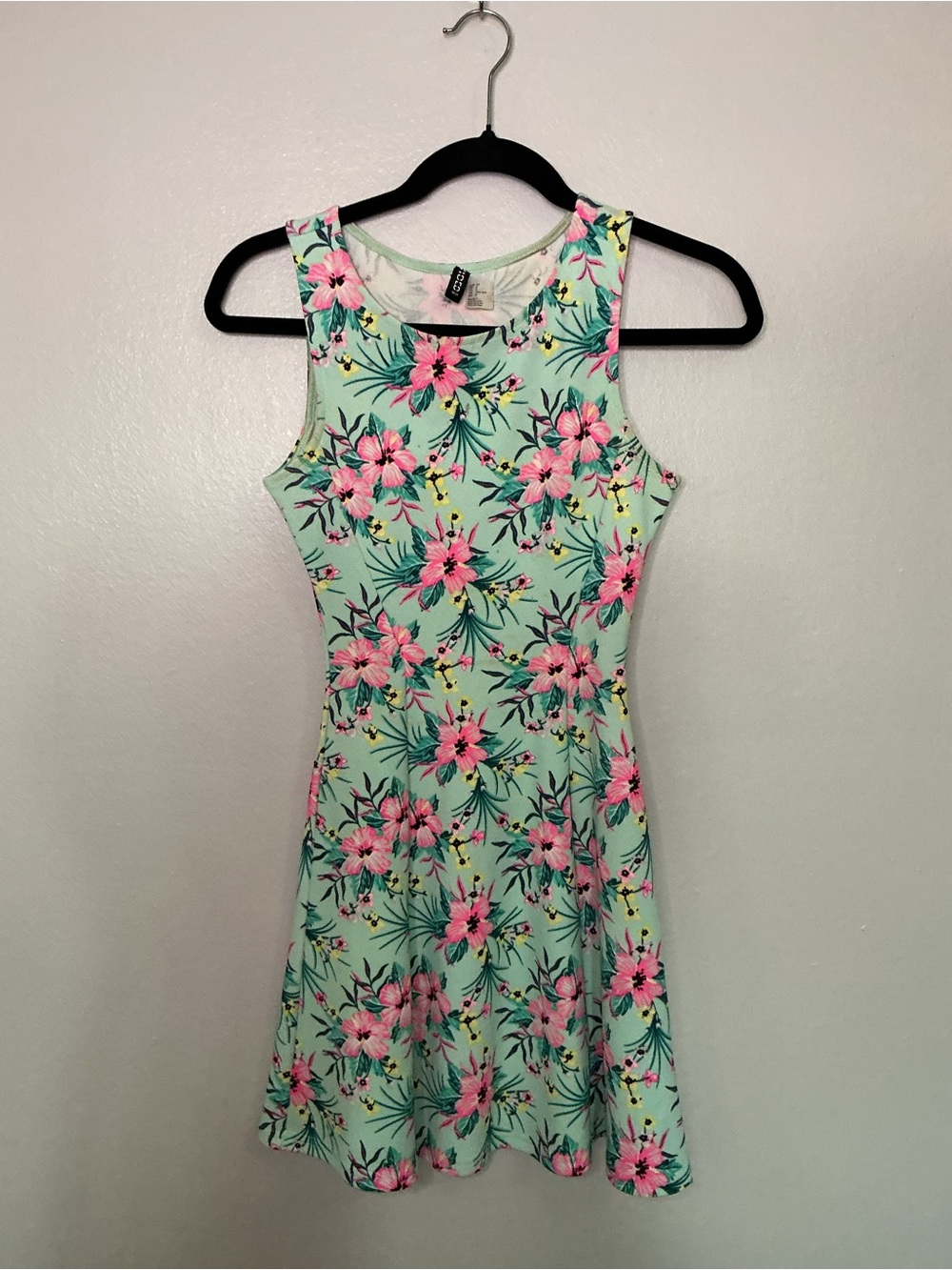 Tropical Women’s Floral Tank Skater Summer Mini Dress - Mint with Pink Flowers